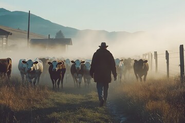 in a rural setting, a herd of cattle is herded by a figure walking away from the viewer