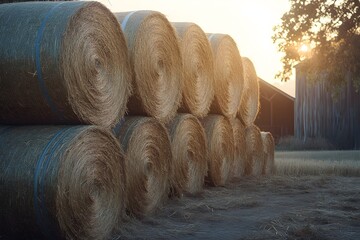 a stack of cylindrical bundles of dried grasses in a field setting