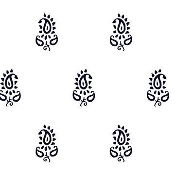 Repeating paisley motif pattern in black ink on a white background creating a simple textile design