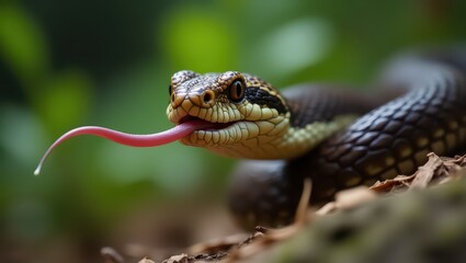 Obraz premium Close up of a snake with its tongue out in a natural green setting