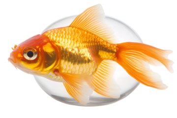 A vibrant orange goldfish with flowing fins swimming gracefully in a clear water bubble isolated on transparent background
