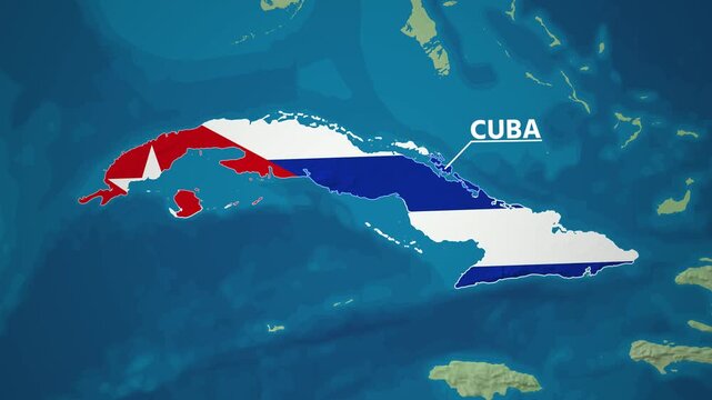 Zoom from Earth to Cuba. (Country Flag) World map animation with highlighted country borders. Cinematic 3d world map animation highlights aerial views, tourism, and travel. 4k