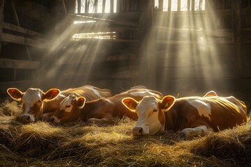 two cow are resting on a bed of dry stalks
