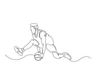 Fototapeta premium Basketball player in single outline illustration. Continuous line art drawing of basketball player dribbling the ball.