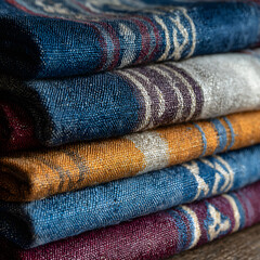 Stack of Traditional Northern Thai Woven Fabrics in Colorful Patterns