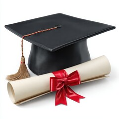Black graduation cap and diploma scroll with red ribbon on white background certificate education