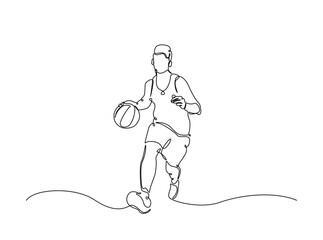 Basketball player in single outline illustration. Continuous line art drawing of basketball player dribbling the ball.