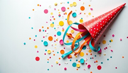 Obraz premium Colorful confetti and streamers spilling out of a party cone.