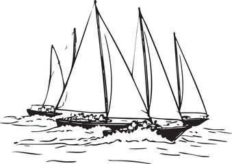 Line Art Depicts Three Sailboats Racing on Water with Visible Crew Members Aboard