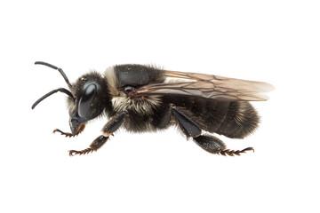 Detailed macro photograph of a solitary bee species showing intricate wing veins and hairy thorax isolated on transparent background