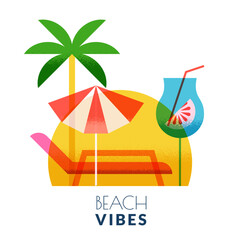Beach holiday vector illustration. Palm, cocktail, chaise lounge on sun background. Summer vacation design elements