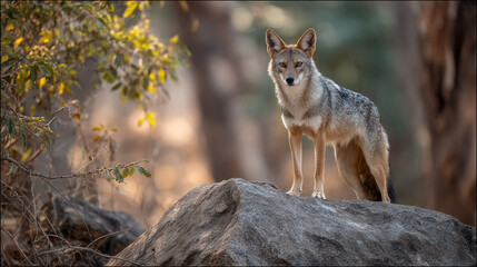 Fototapeta premium A coyote standing on a rock formation in a forest looking at the camera directly