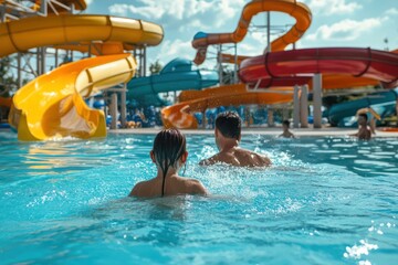 Father and daughter splash in pool at water park