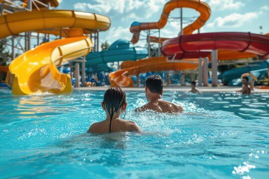 Father and daughter splash in pool at water park