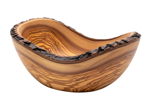 Elegant Hand-Carved Olive Wood Bowl; Rustic Live Edge, Warm Tones, Modern Design  transparent background