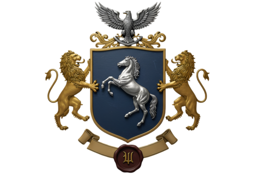 Royal Coat Of Arms Illustration Featuring Lions Eagle and Horse - Powered by Adobe