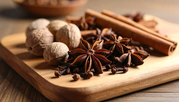A close-up shot of traditional Indonesian spices like cloves, nutmeg, cinnamon sticks, and star anise on a wooden board atop a simple dining table