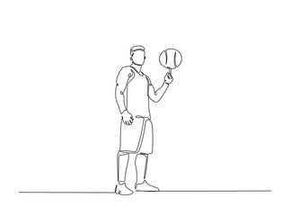 Basketball player spinning the ball in single outline illustration. Continuous line art drawing of basketball player.