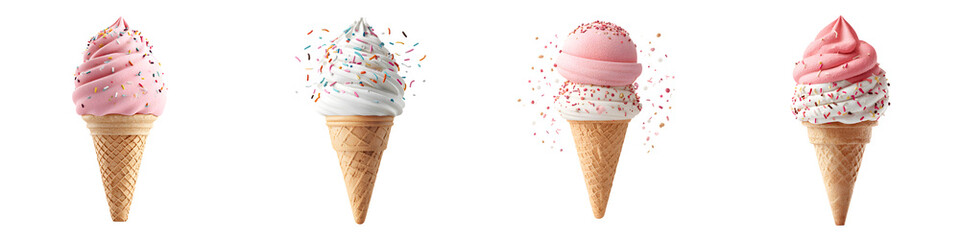 Variety of Ice Cream Cones with Sprinkles on White. Sweet Dessert
