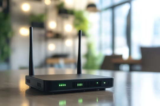 Modern 5G Wi-Fi router on wooden table in home
