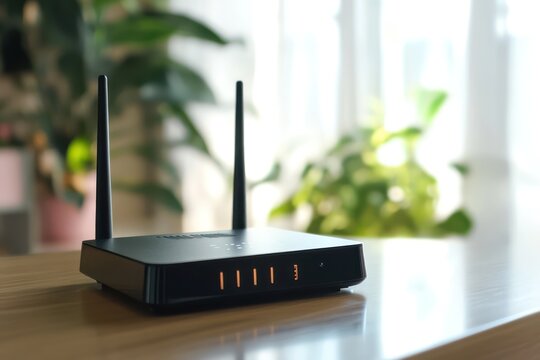 Modern 5G Wi-Fi router on wooden table in home