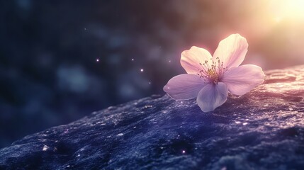 A flower on a rock with the sun shining in the background