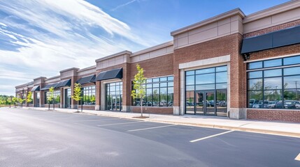 A modern, commercial building with glass windows and brick exterior, featuring a parking lot with cars and green trees in the background.