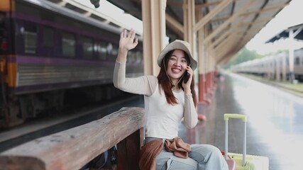 Young woman waving and talking on phone at train station - Powered by Adobe