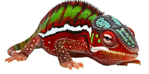 Vibrant panther chameleon with intricate color patterns displayed on a transparent background isolated on transparent background