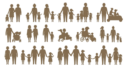 Silhouette Families Group Walking Holding Hands Illustration on Black Background