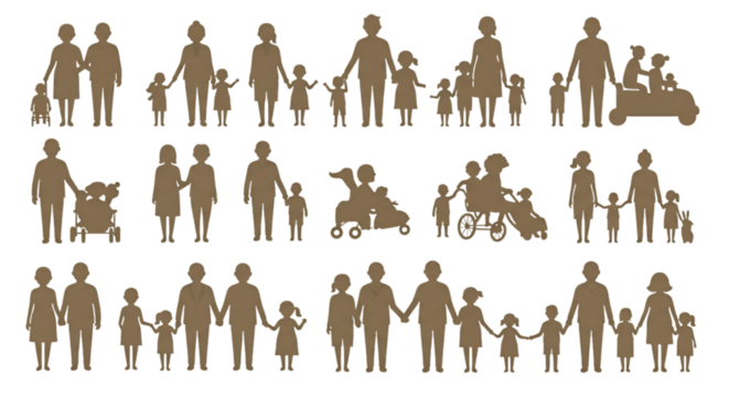 Silhouette Families Group Walking Holding Hands Illustration on Black Background