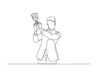 Successful businessman holding trophy cup in single outline illustration. Continuous line art drawing of businessman holds trophy.