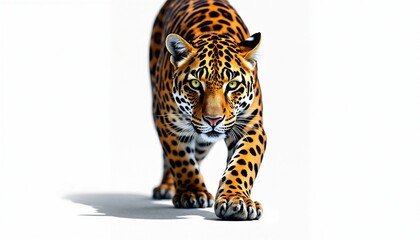 Obraz premium A majestic jaguar strides forward, its eyes piercing through the stark white background.
