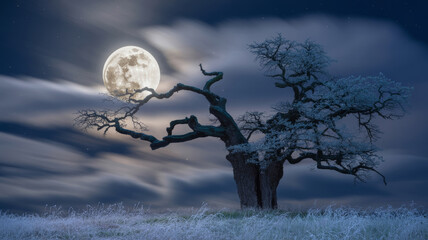 Solitary tree with twisted branches under bright full moon in night sky with wispy clouds and frost covered grass, creating mysterious and tranquil atmosphere