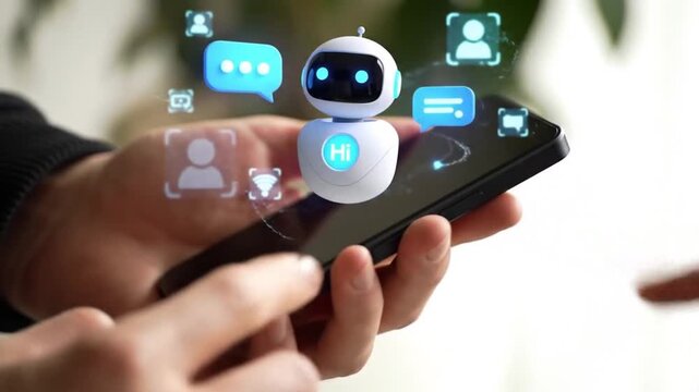 Smartphone Chatbot Interaction Human hands interacting with AI chatbot on mobile device, showcasing digital assistance and communication.