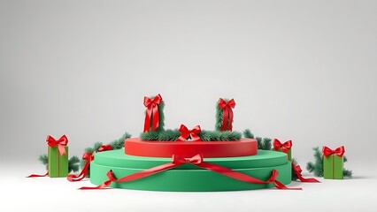 A festive christmas podium display with red bows and green fir trees isolated on white background
