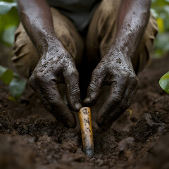 Close-up of dark-skinned hands planting a seedling in dark soil.