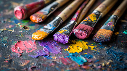 Fototapeta premium Close-up of several paintbrushes with paint on a dark surface.
