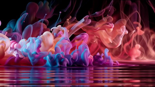 macro swirling ink in water, neon rainbow colors bursting and dripping, slow-motion fluid dynamics, reflective light trails syncing with snare pulses, ethereal liquid light effect 91_51 1 1 (1)_4K_10s