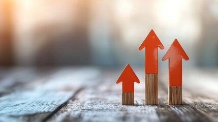 Three red arrows pointing upwards on a wooden table with a blurred background.