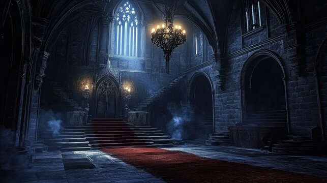 haunted castle interior on creepy spooky night. ai generative
