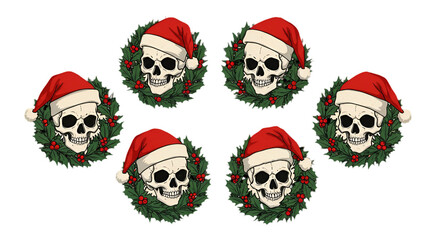 Pixel Art Isolated Christmas Illustration Of Skulls With Wreaths And Red Santa Hats