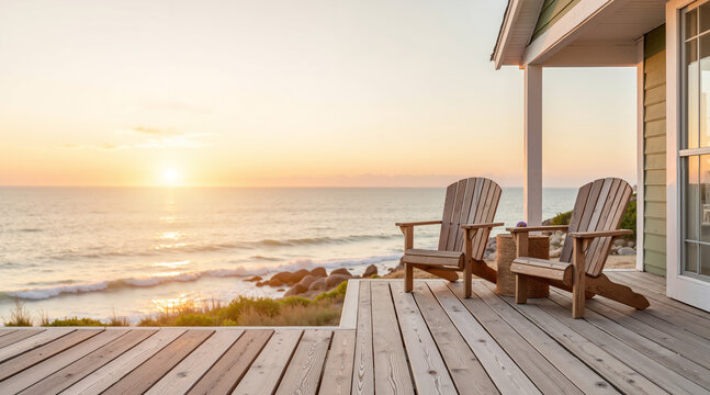 Cozy beachfront deck with two wooden chairs at sunset