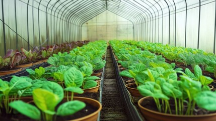 Young vegetable seedlings growing in neat rows inside a greenhouse, captured with natural lighting and shallow depth of field, representing agriculture and organic farming.