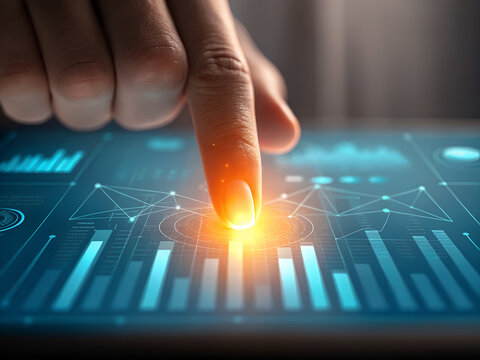 Finger touching glowing digital interface with financial data charts