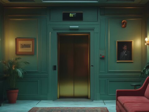 Elegant elevator lobby with green walls, golden elevator doors and a vintage-style red sofa