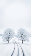 Obraz premium Winter Wonderland Road: Snowy Landscape, Winding Road, Frosty Trees, Serene, Cold, Scenic View, Tire Tracks, Minimalist Photography.
