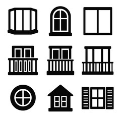 Windows and Balconies Icons. Solid style icons of windows and balcony types: bay window, arched window, sliding glass door, French