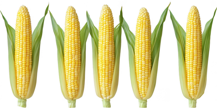 Five corns with leaves aligned closely on transparent png background