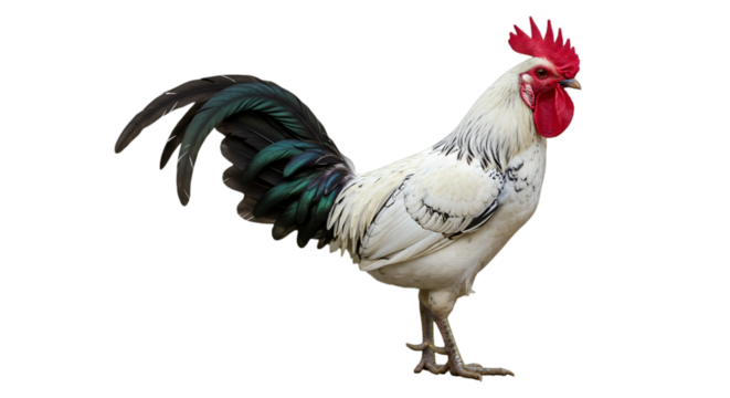 Realistic Isolated Rooster With White Feathers Red Crest and Black Tail
